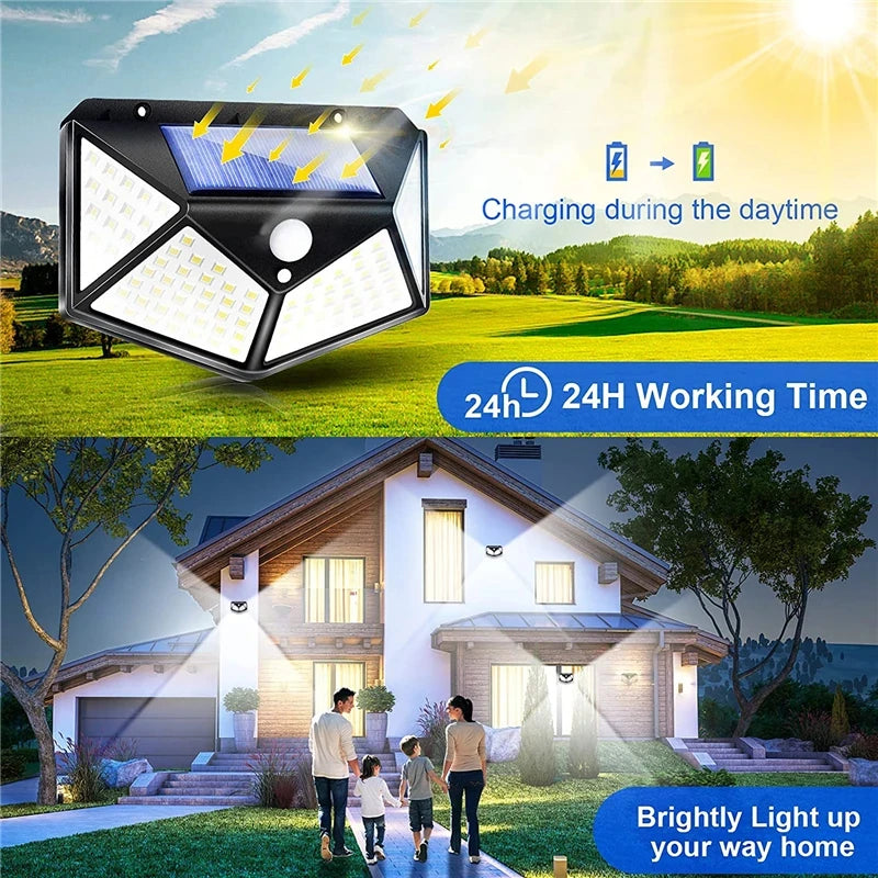 Lámpara Solar 100 Led Exterior Sensor Movimiento Impermeable Color Negro