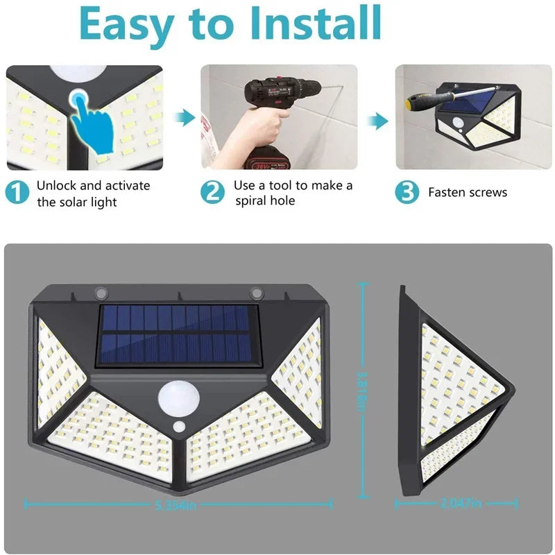 Lámpara Solar 100 Led Exterior Sensor Movimiento Impermeable Color Negro