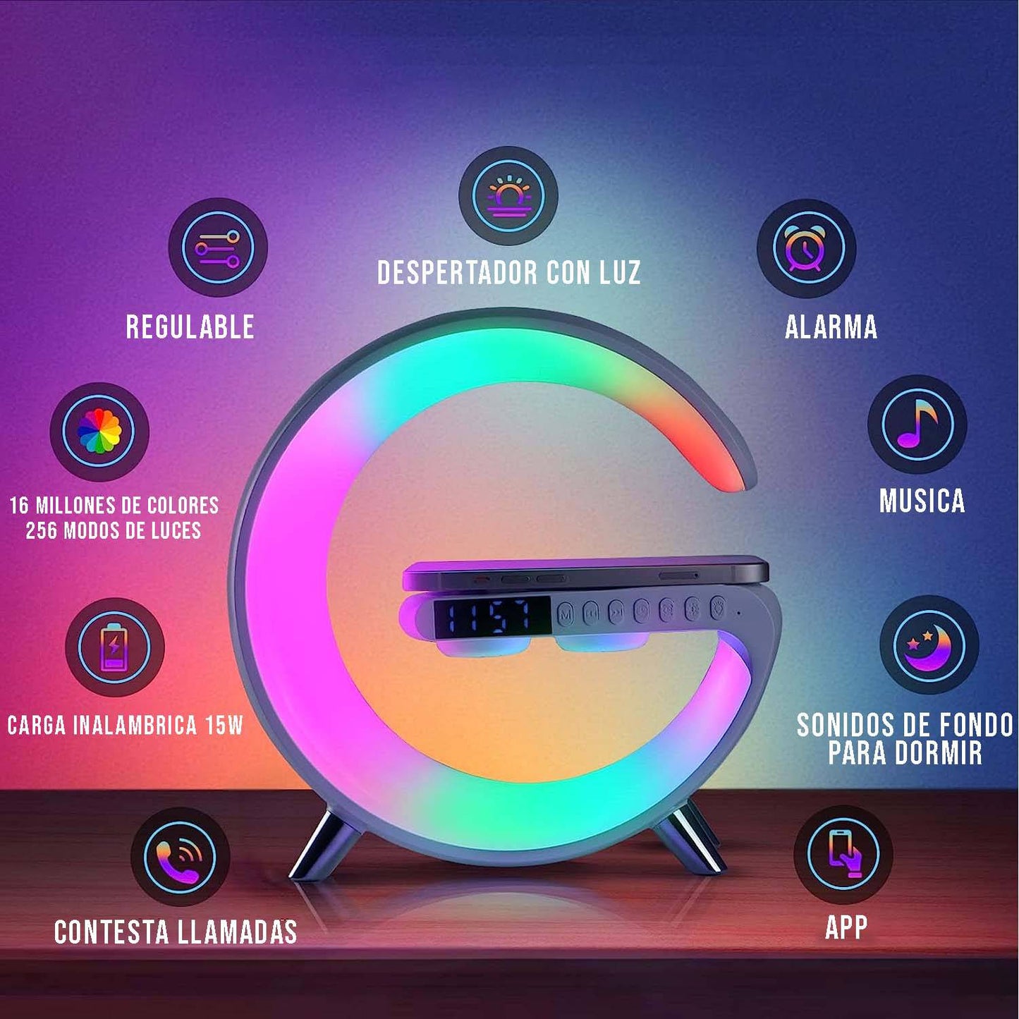Lampara Despertador Cargador Inalámbrico Parlante Bluetooth Blanco