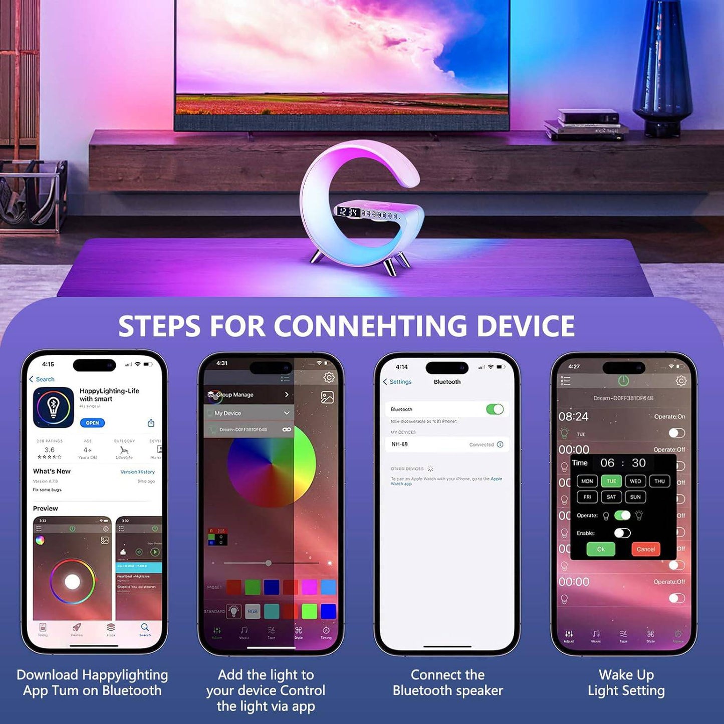 Lampara Despertador Cargador Inalámbrico Parlante Bluetooth Blanco